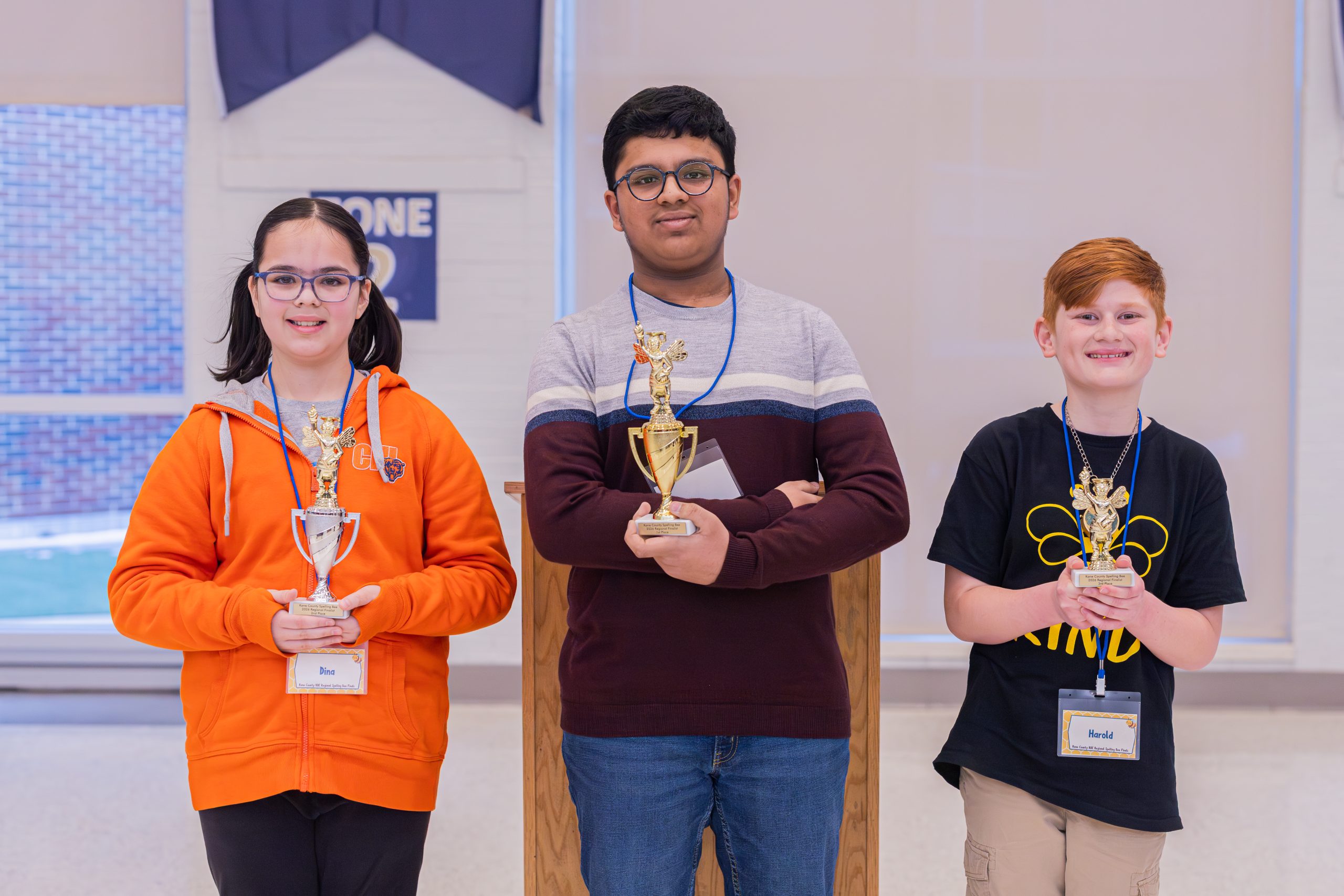 Top 3 winners of the 2026 Kane County Regional Spelling Bee