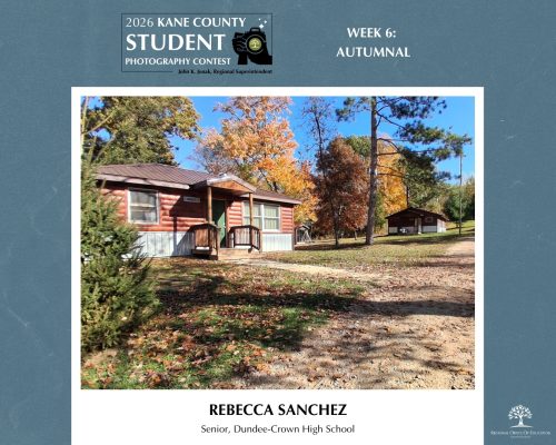 A red log cabin surrounded by autumn foliage under a bright blue sky