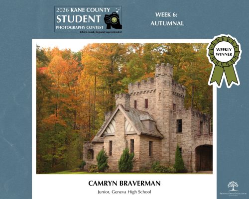 Tudor-styled mansion with castle-like architecture surrounded by trees with autumn colored leaves